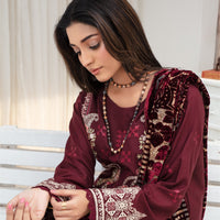CREATION Dhanak 3PC Chikankari Embroidered Shirt With Velvet Plachi Shawl-2104