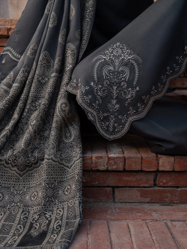 IZEL-3PC DHANAK EMBROIDERED SHIRT WITH WOOL PRINTED SHAWL & TROUSER V736