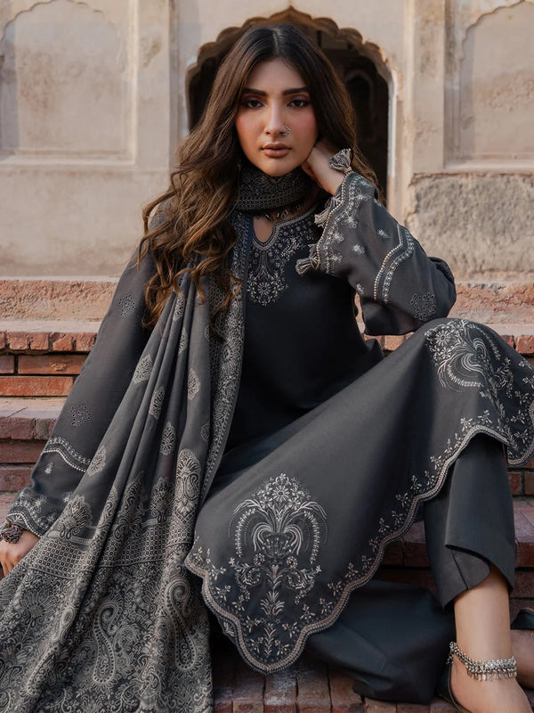 IZEL-3PC DHANAK EMBROIDERED SHIRT WITH WOOL PRINTED SHAWL & TROUSER V736