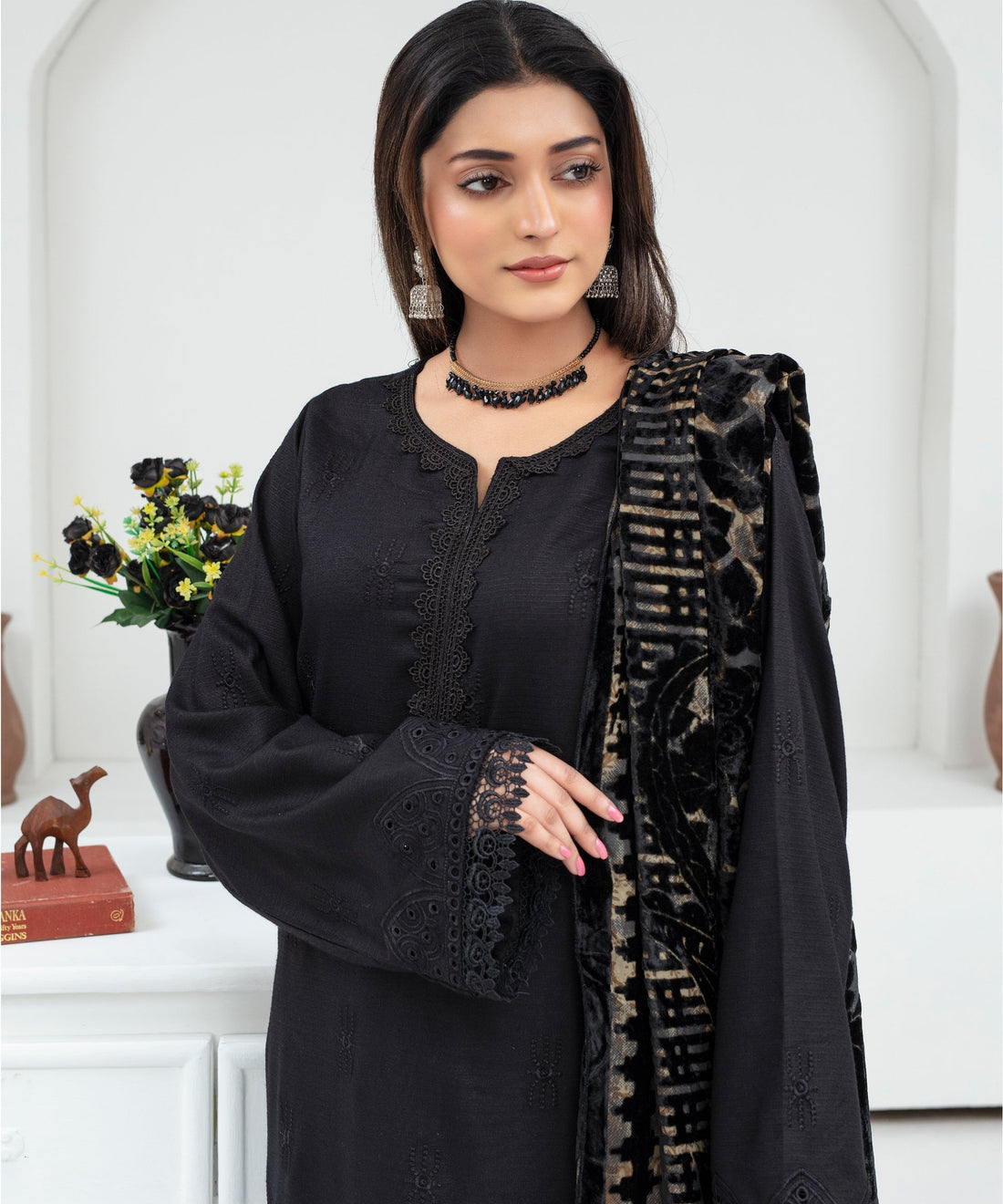 CREATION Dhanak 3PC Chikankari Embroidered Shirt With Velvet Plachi Shawl-2107