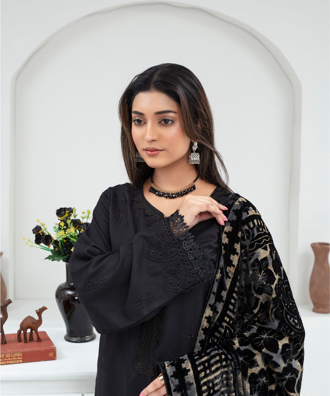 CREATION Dhanak 3PC Chikankari Embroidered Shirt With Velvet Plachi Shawl-2107