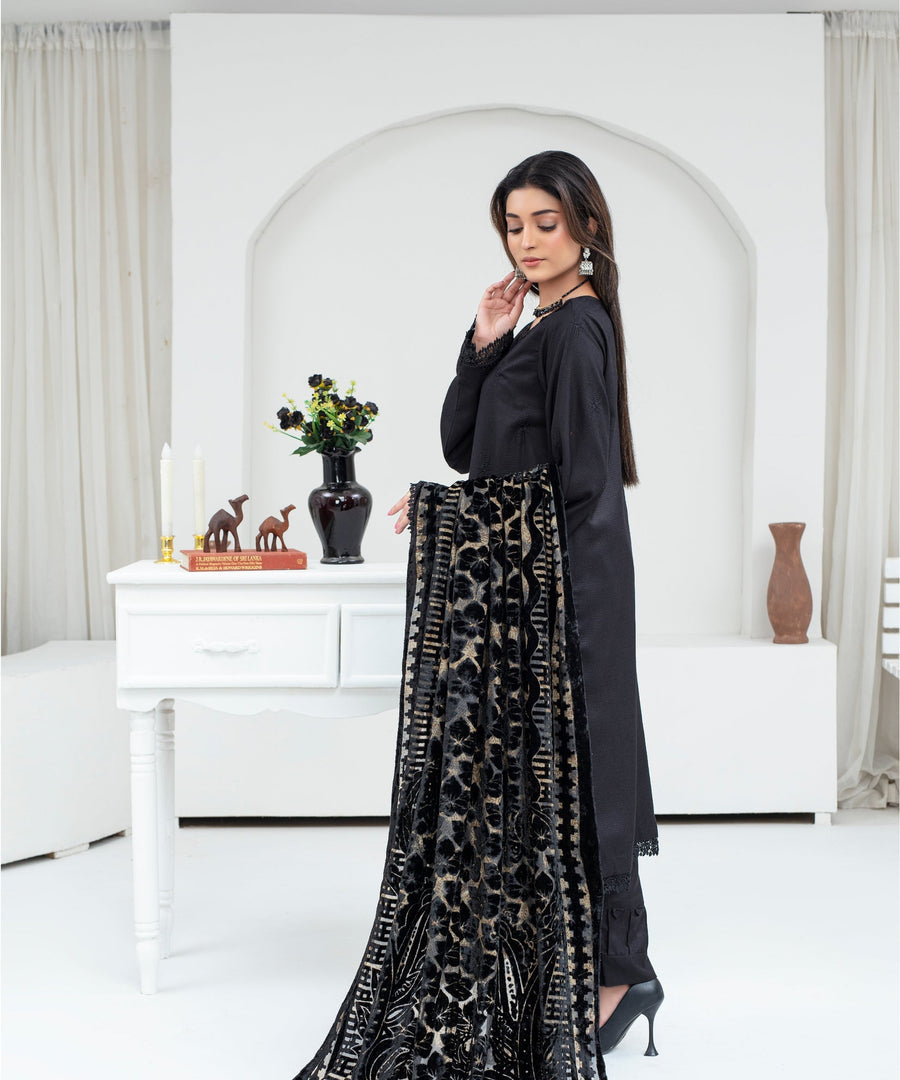 CREATION Dhanak 3PC Chikankari Embroidered Shirt With Velvet Plachi Shawl-2107