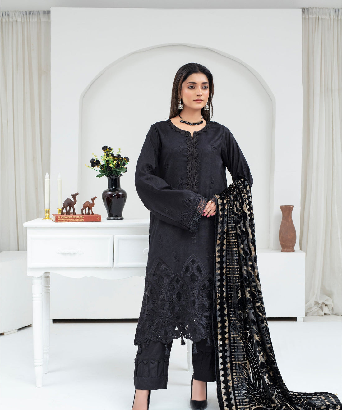 CREATION Dhanak 3PC Chikankari Embroidered Shirt With Velvet Plachi Shawl-2107