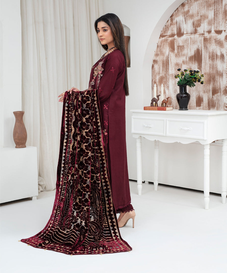 CREATION Dhanak 3PC Chikankari Embroidered Shirt With Velvet Plachi Shawl-2104