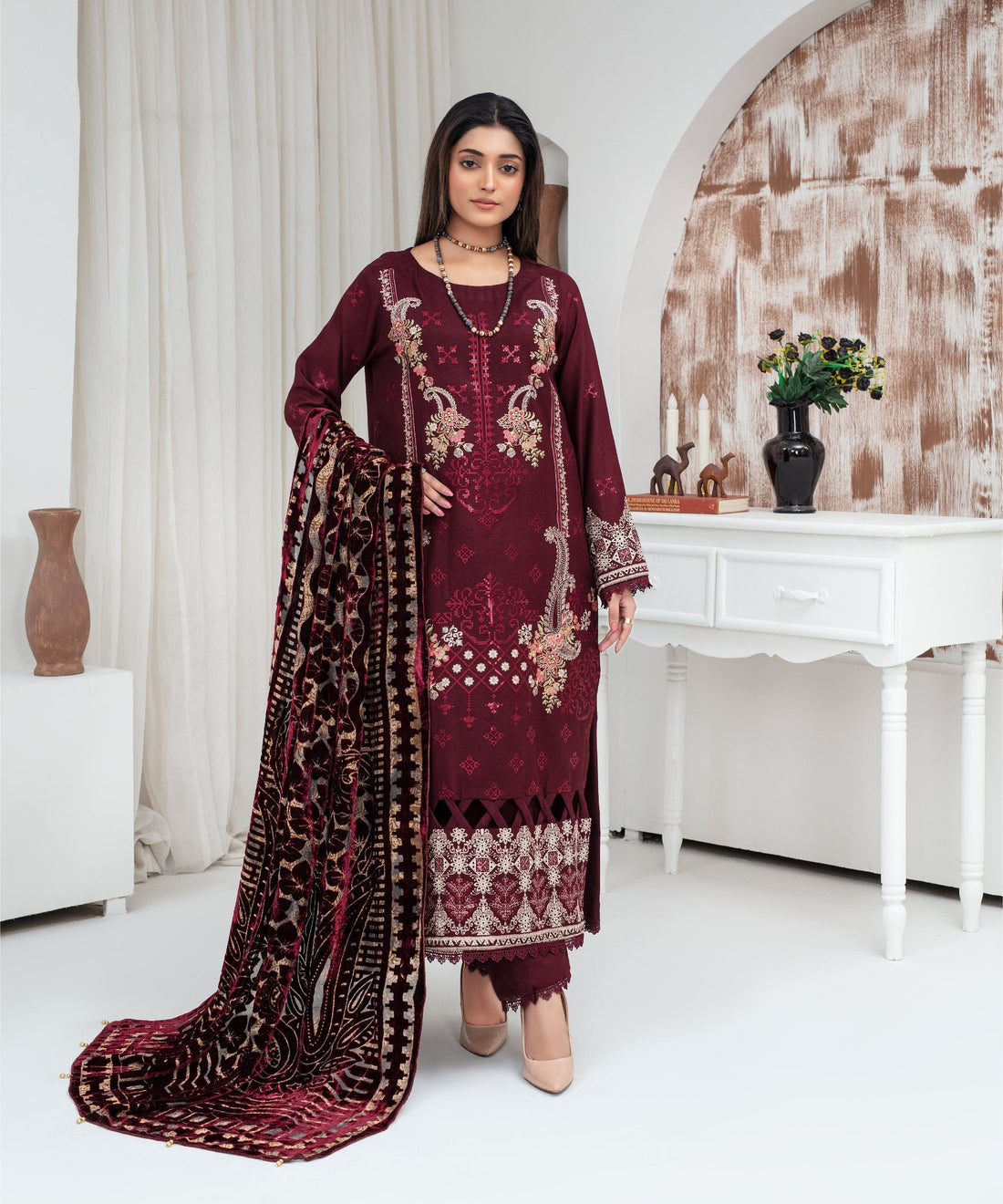 CREATION Dhanak 3PC Chikankari Embroidered Shirt With Velvet Plachi Shawl-2104
