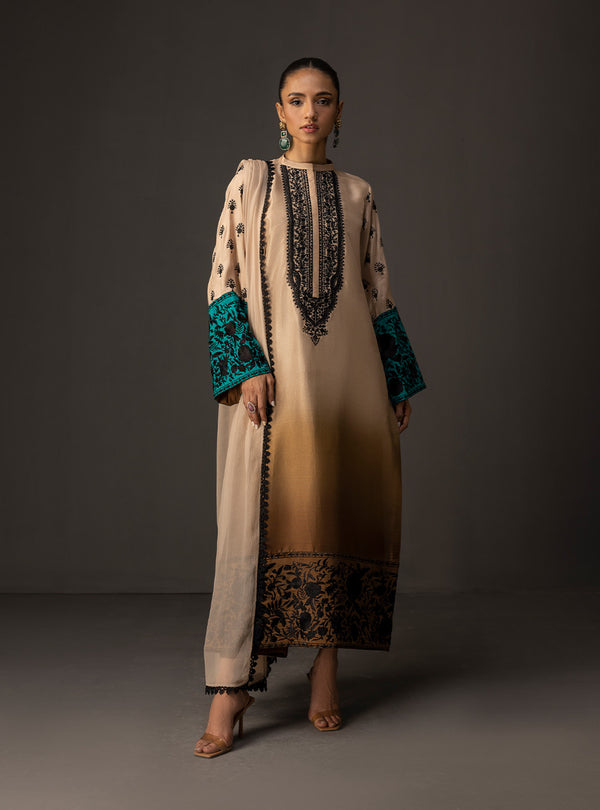3 Piece Unstitched Embroidered and Printed SIlk Suit V229