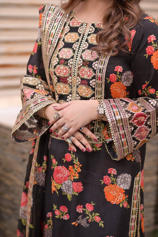 Luxury Silk 3 Piece Unstitched Black V263