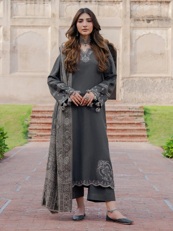 IZEL-3PC DHANAK EMBROIDERED SHIRT WITH WOOL PRINTED SHAWL & TROUSER V736