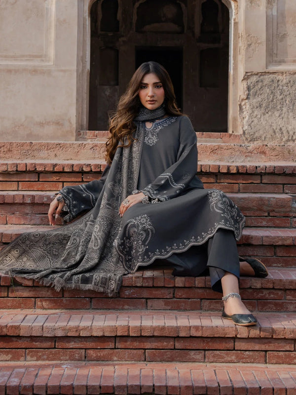 IZEL-3PC DHANAK EMBROIDERED SHIRT WITH WOOL PRINTED SHAWL & TROUSER V736