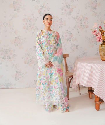 3 Pcs Digital Printed Lawn Shirt Trouser and Dupatta with Embroidered Patches V70