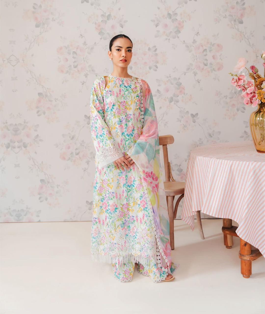 3 Pcs Digital Printed Lawn Shirt Trouser and Dupatta with Embroidered Patches V70