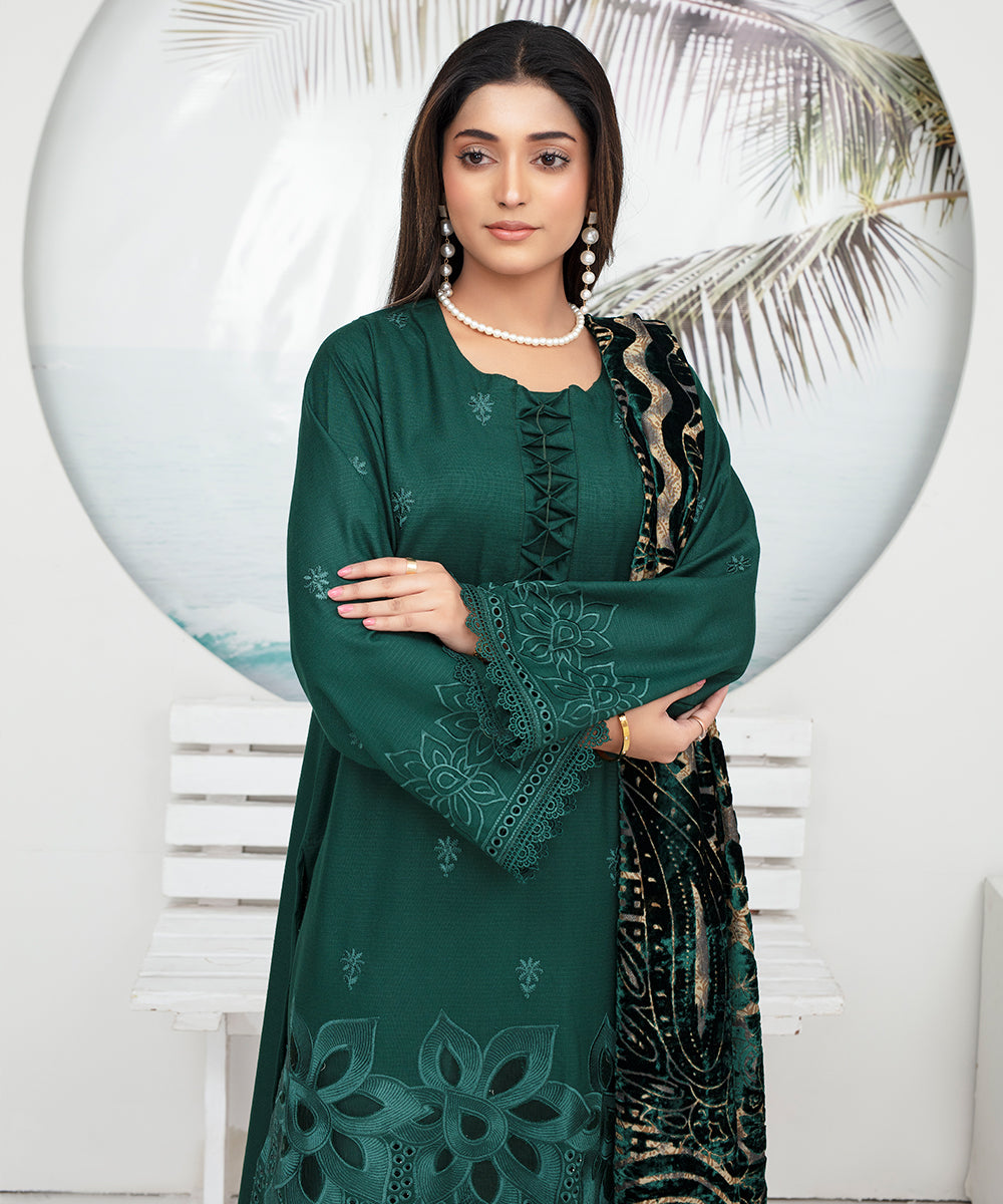 CREATION Dhanak 3PC Chikankari Embroidered Shirt With Velvet Plachi Shawl- 2110