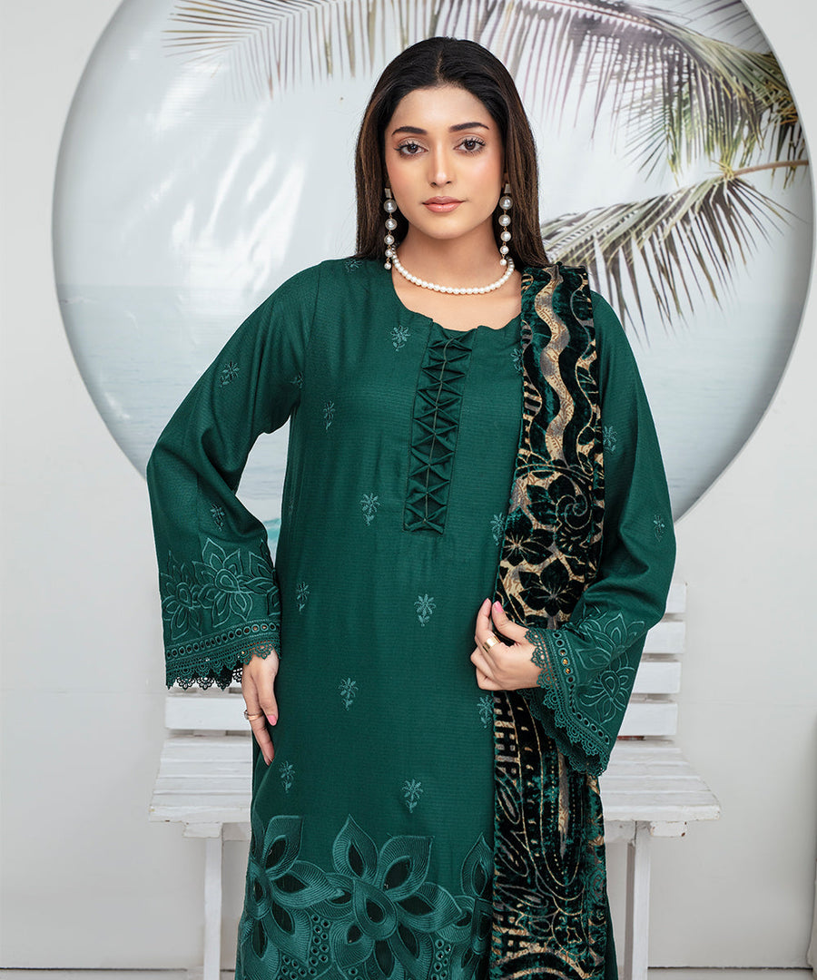 CREATION Dhanak 3PC Chikankari Embroidered Shirt With Velvet Plachi Shawl- 2110